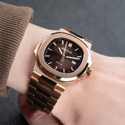 OBLVLO Men's Rose Gold Brown Dial Bracelet Watch with Date Swiss Quartz Movement Elegant Dress Watch for Gentlement FM-YWL-S
