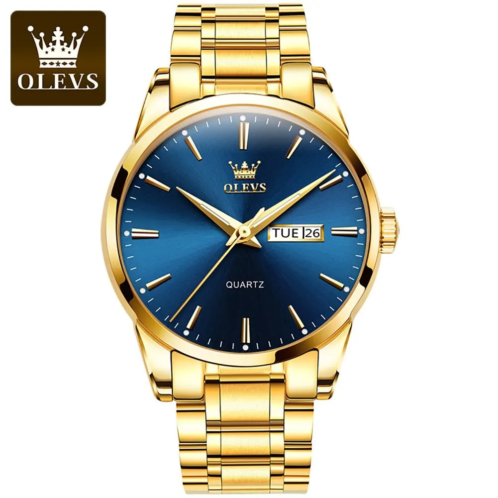 OLEVS Classic Gold Wrist Watches For Top Brand Luxury Business Date Waterproof Luminous Stainless Steel Men Quartz Wristwatch