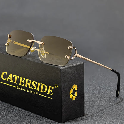 CATERSIDE Ochelari de soare dreptunghiulari albaștri pentru bărbați, ochelari de soare pătrați fără ramă din metal, la modă, pentru femei, cu lentile degradate, ochelari de exterior, UV400