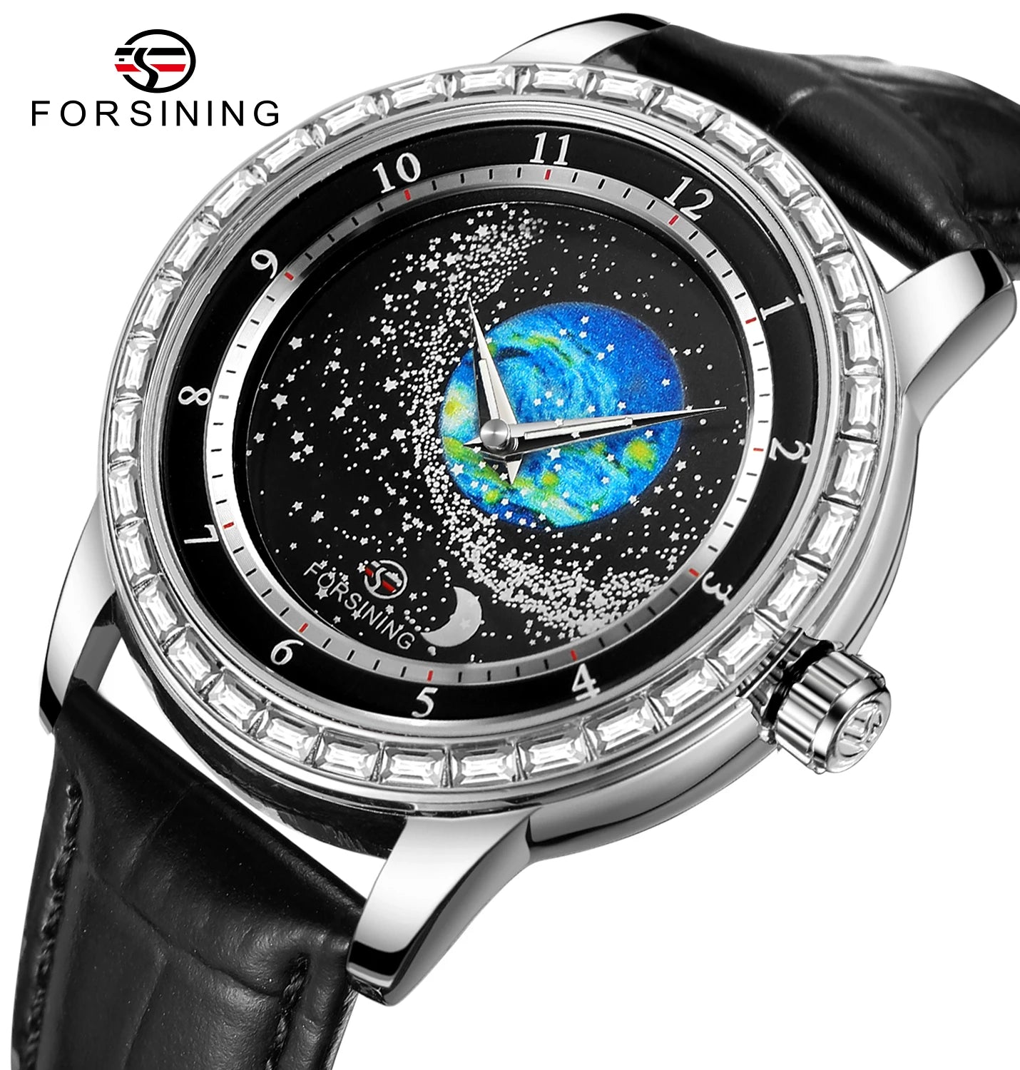 2026 FORSINING Design Earth Star Moon Set With Diamonds Genuine Belt Men Mechanical Automatic Watch Waterproof For Business