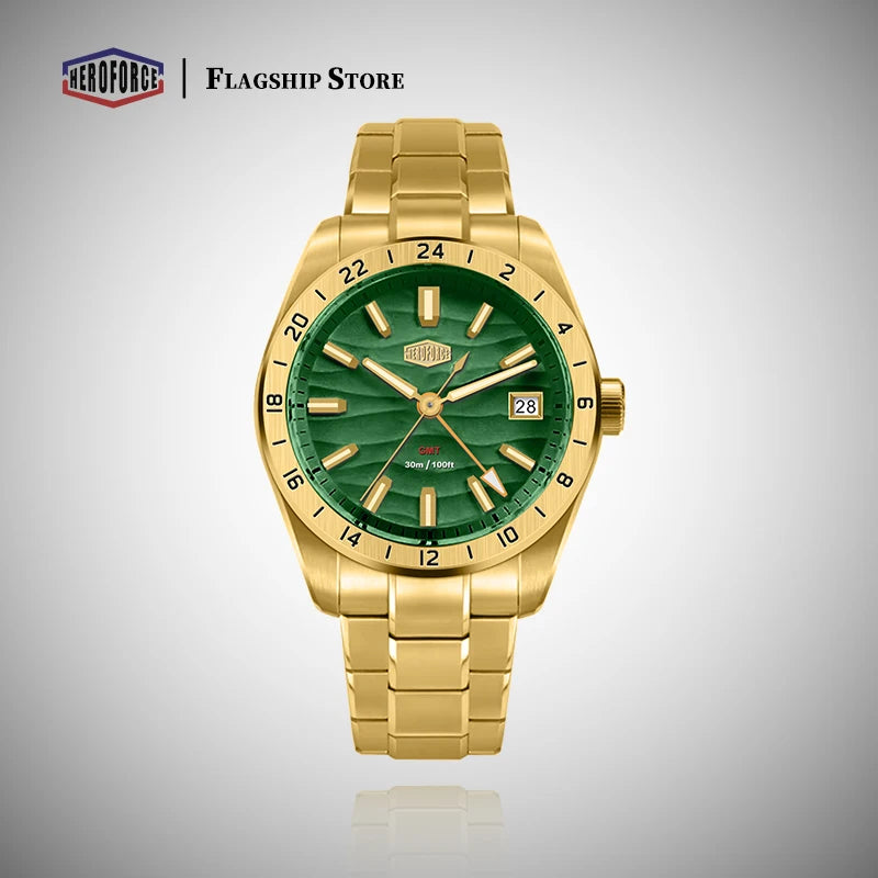 HEROFORCE Quality Original GMT Men Clock Waterproof Luminous Date Luxury Man Watch Stainless Steel Quartz Men's Watches Male
