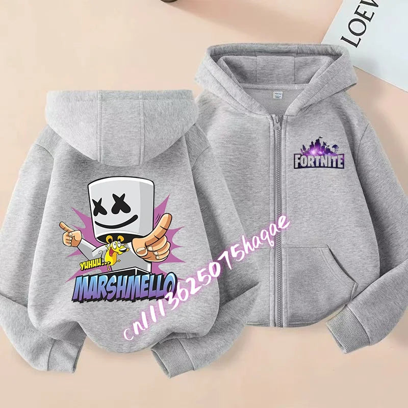 Nuova felpa con cappuccio autunnale per bambini Fortnite, giacca con zip e stampa personaggio cartoon del gioco, cappotto invernale per ragazzi