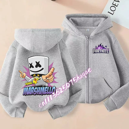 Nuova felpa con cappuccio autunnale per bambini Fortnite, giacca con zip e stampa personaggio cartoon del gioco, cappotto invernale per ragazzi