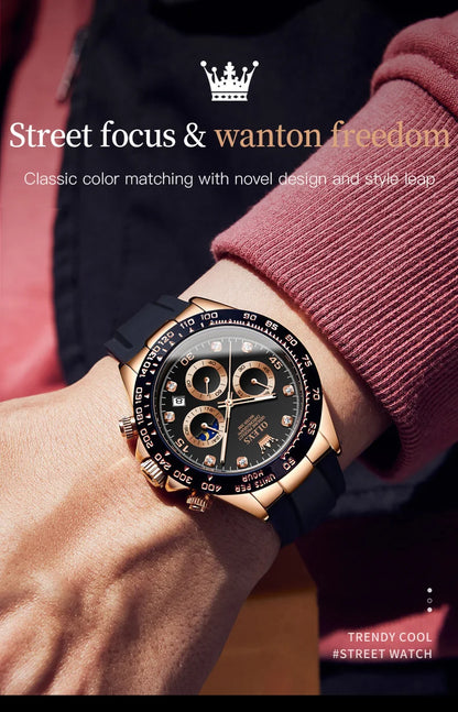 OLEVS 2875 Quartz Watch for Men Original Luxury Brand Silicone Strap Chronograph Auto Date Waterproof Moon Phase Sport Man Watch