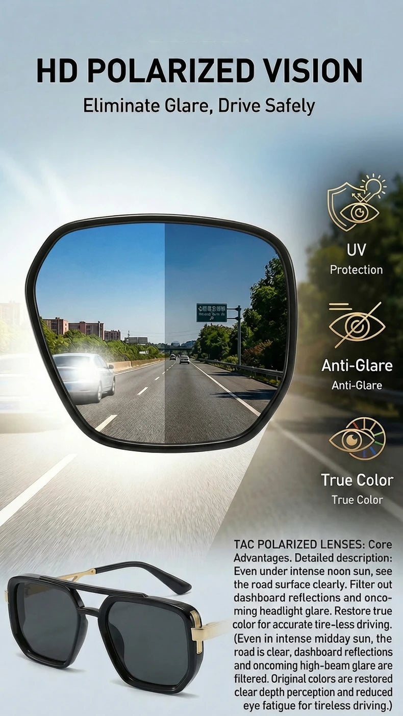 Ochelari de soare pătrați polarizați pentru bărbați, de lux, în stil vintage, cu punte dublă, lentile cu gradient, ochelari de soare pentru șofat, ochelari de soare retro cu partea superioară plată, pentru bărbați
