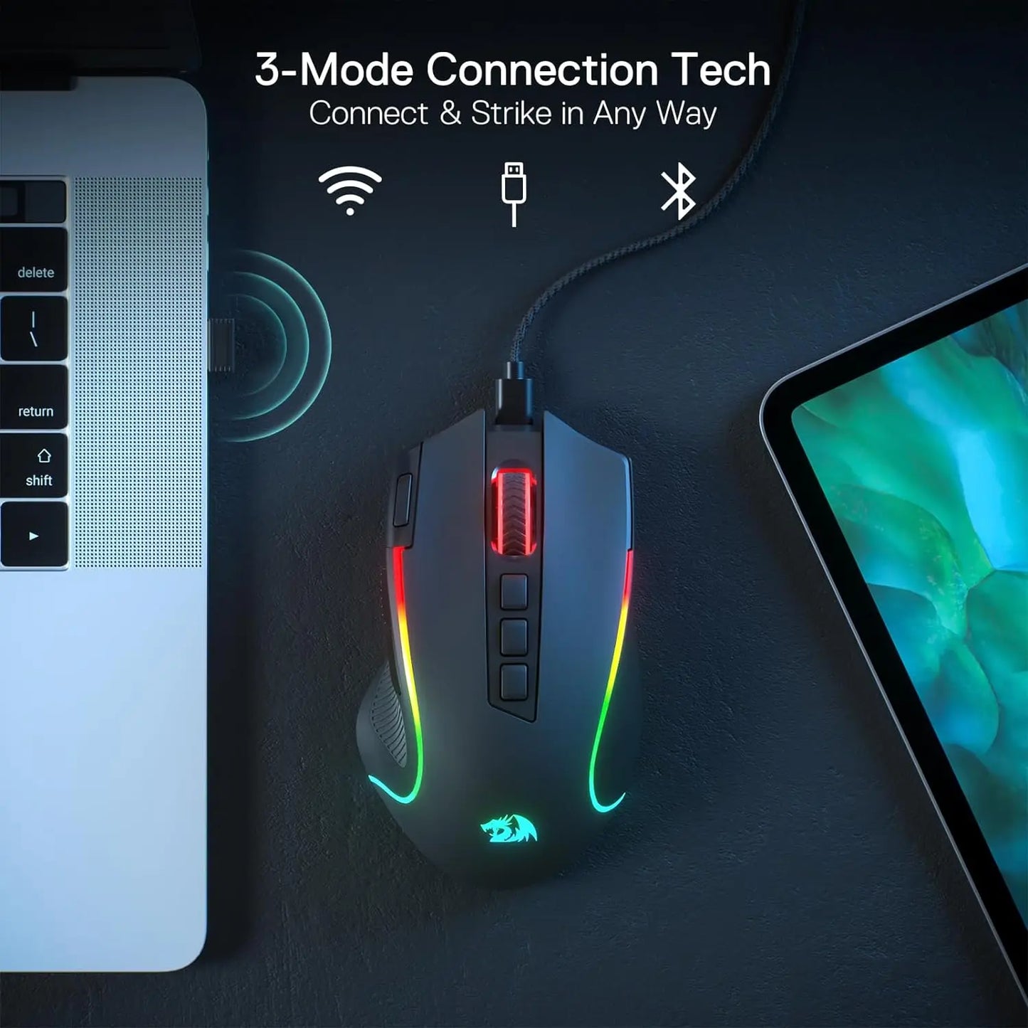 Herná myš Redragon M612 PRO BT & 2.4RGB, optická hráčska myš s 8000 DPI, káblové/bezdrôtové pripojenie, 11 programovateľných tlačidiel a 6 režimov podsvietenia