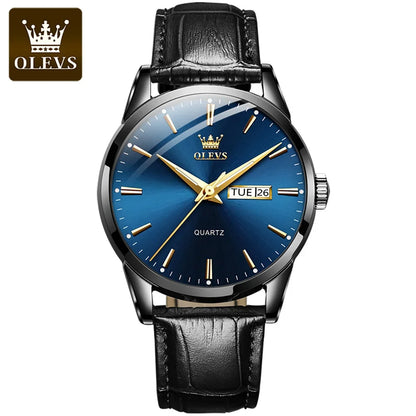 OLEVS kvartsarmbandsur för män – Lyxig och elegant stil, läderarmband, datum- och veckodagsvisning, vattentätt, perfekt för arbetet