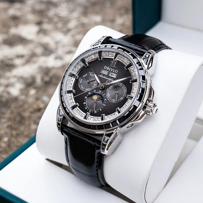 OBLVLO Men's Automatic Watch 40mm Mechanical Wristwatch 5ATM Luminous Crystal Bezel Year, Month, Week, Date, 24 Hours TY1655 Movement
