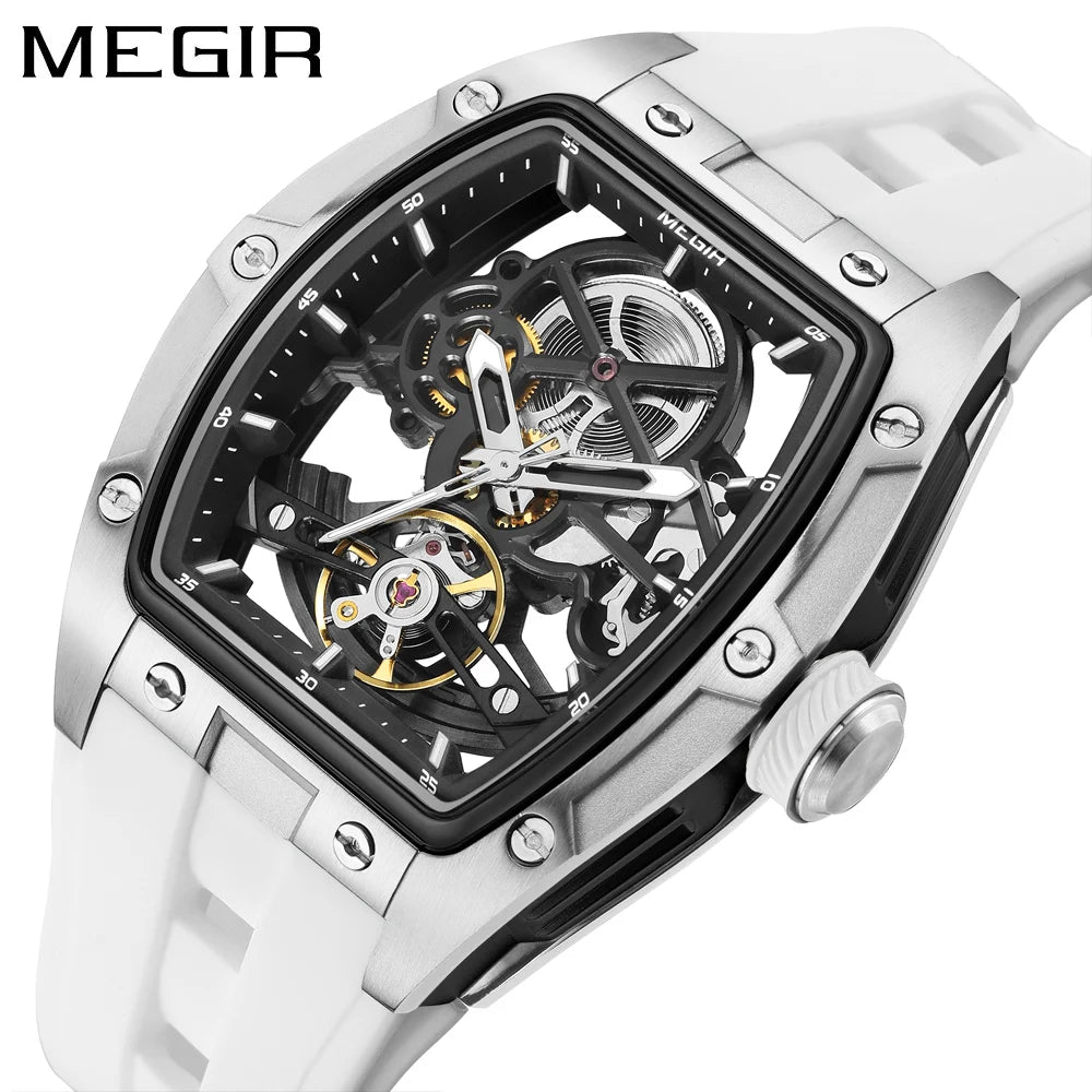 MEGIR mekanisk herreur, tonneau-form, skeletteret urskive med åbninger, sporty stil, silikonearmbånd, luksuriøst automatisk ur
