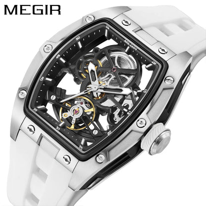 MEGIR mekanisk herreur, tonneau-form, skeletteret urskive med åbninger, sporty stil, silikonearmbånd, luksuriøst automatisk ur