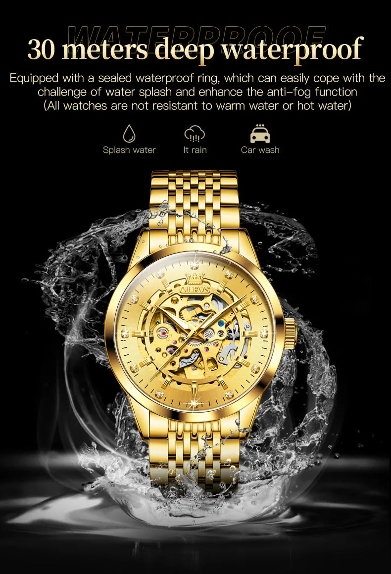 OLEVS Men's Watches Luxury Gold Skeleton Automatic Mechanical Wrist Watch for Man Waterproof Stainless Steel Luminous Business