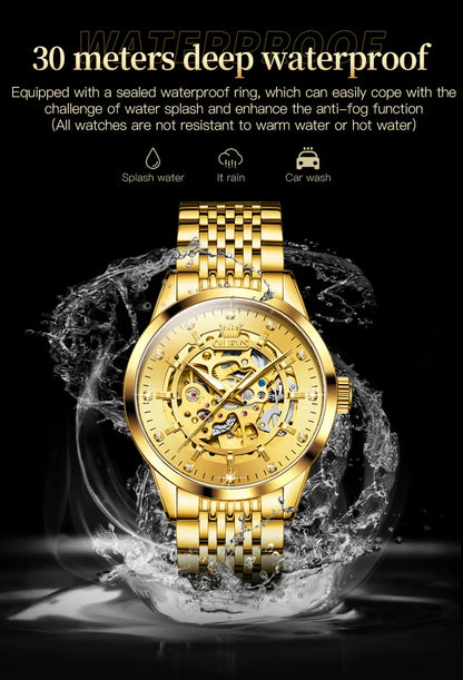 OLEVS Men's Watches Luxury Gold Skeleton Automatic Mechanical Wrist Watch for Man Waterproof Stainless Steel Luminous Business