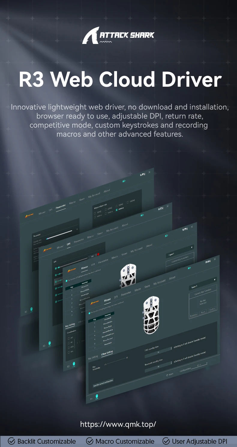 ATTACK SHARK R3 gaming miš od magnezijske legure s honeycomb dizajnom, ultra lagan 8K Hz, PAW3395 senzor, 26000 DPI, ergonomska školjka