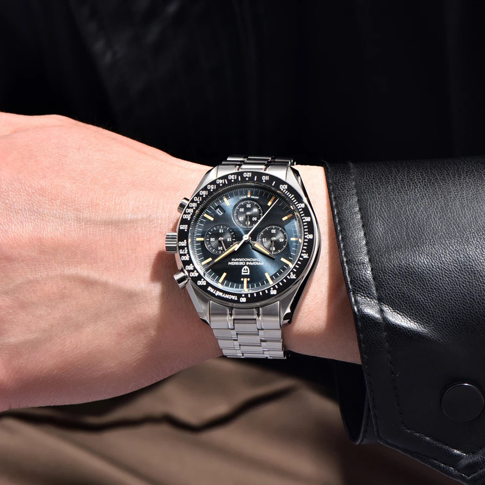 Relógio para homem PAGANI DESIGN «New Moon» – Relógio de quartzo de luxo, cronógrafo, vidro de safira com tratamento antirreflexo, luneta em cerâmica, ponteiros luminescentes
