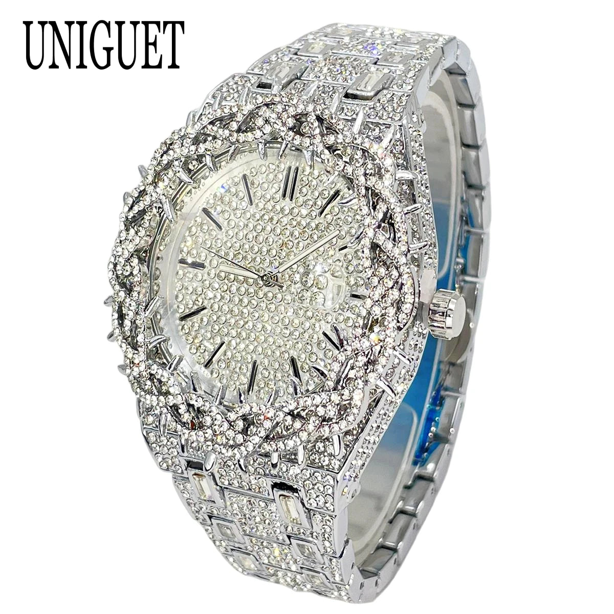 UNIGUET Luxury Full Diamond Watch For Men Fashion Hip Hop Ice Qut Bling Jewelry Quartz Wristwatch For Man Dropshipping