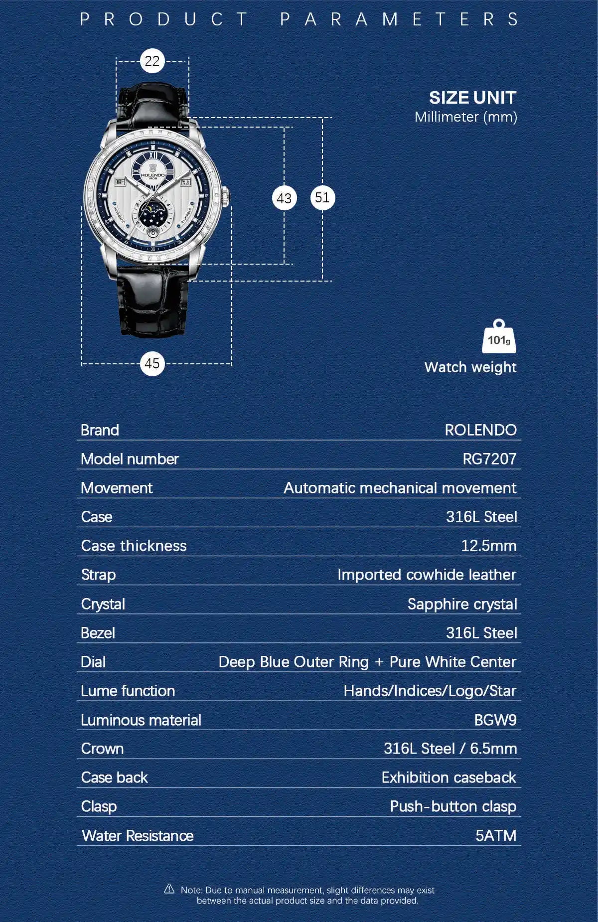 ROLENDO 1908 Men Automatic Mechanical Watch Diamond Luminous Leather Strap Waterproof Business Luxury Wristwatch For Male Gift