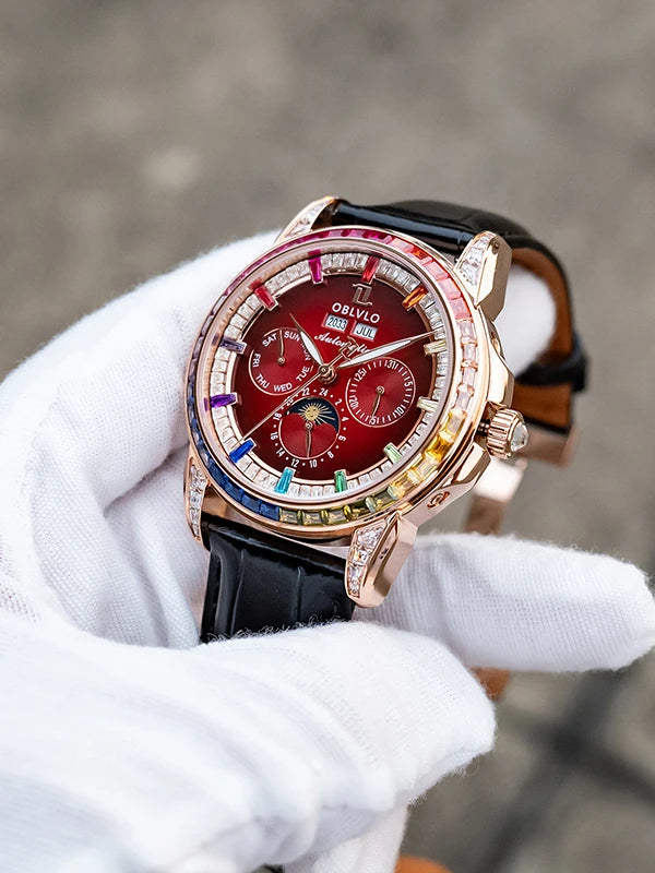 OBLVLO Men's Automatic Watch 40mm Mechanical Wristwatch 5ATM Luminous Crystal Bezel Year, Month, Week, Date, 24 Hours TY1655 Movement