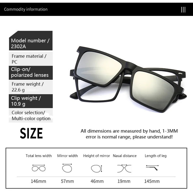 Ochelari de soare polarizați cu magnet pentru miopie, pentru femei și bărbați, ochelari cu clemă, ochelari optici pătrați, rame de ochelari 6 în 1 – de la -0,5 la -10
