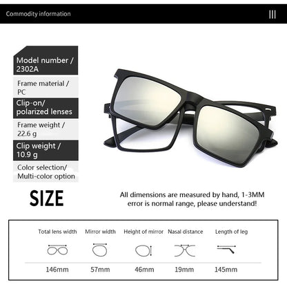 Ochelari de soare polarizați cu magnet pentru miopie, pentru femei și bărbați, ochelari cu clemă, ochelari optici pătrați, rame de ochelari 6 în 1 – de la -0,5 la -10