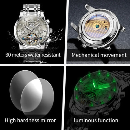 OLEVS Men's Watches 9910 Luxury Fashion Original Automatic Mechanical Watch for Man Waterproof Luminous Hollowed Out Movement