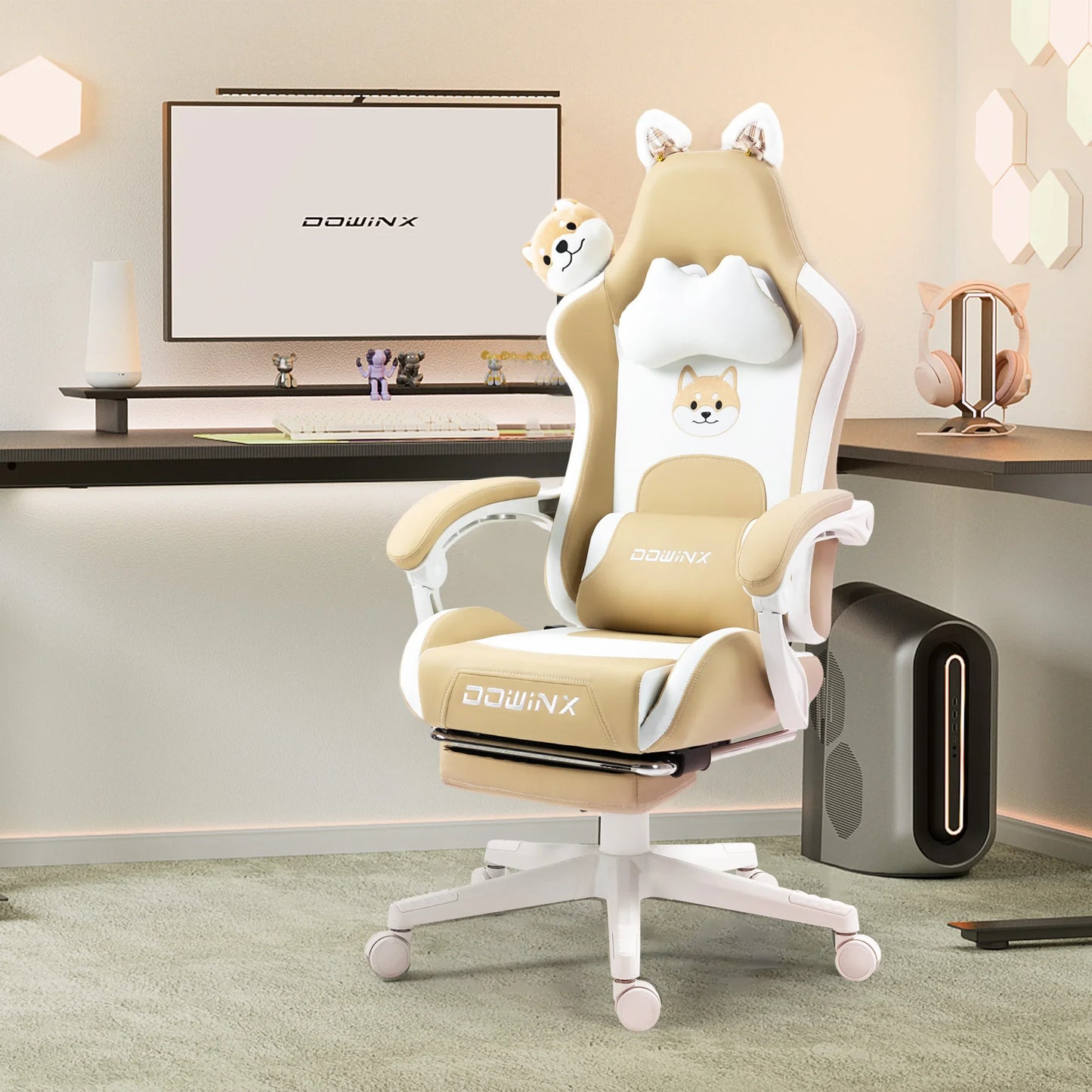 Söt gamingstol med kattöron och fotstöd – rosa kawaii-datorstol, ergonomisk gamer-stol med hög rygg och svankstöd med kattassmotiv
