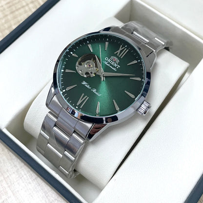 Orient Men's Automatic Open Heart Watch Blue Dial Stainless Steel Band Casual Dress Wristwatch 30M Water Resistant Fashion Watch