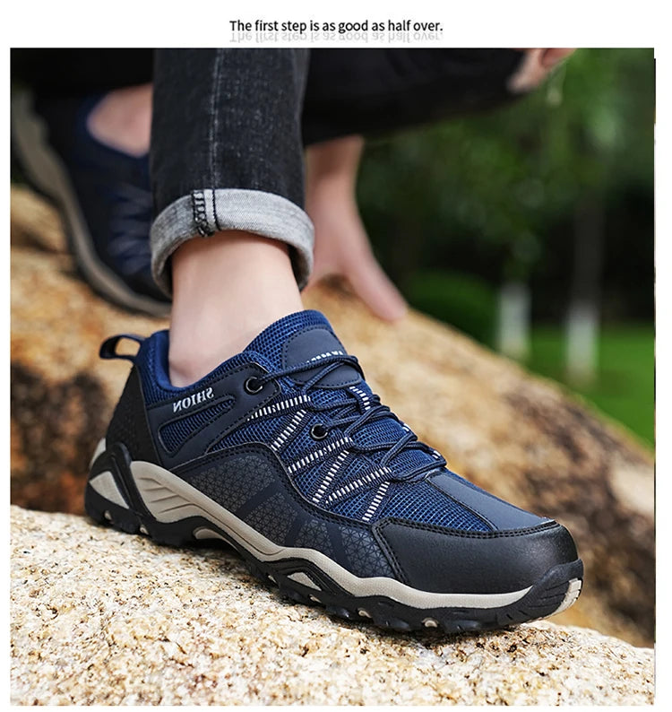 Sapatos de caminhada de marca para homem em malha respirável, calçado de viagem outdoor impermeável para caça e pesca, sapatos desportivos de montanha, todo-o-terreno e equitação