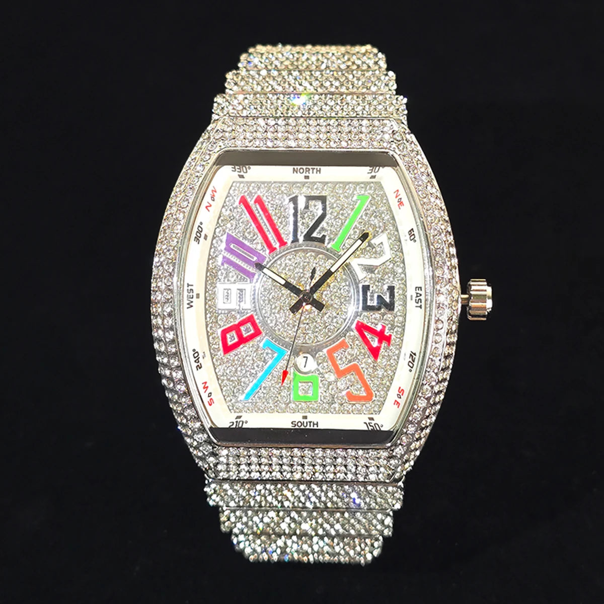 Men's Luxury Barrel-Shaped Quartz Watch With Black Iced Diamond Rainbow Number Dial Luminous Hands Watches For Man Dropshipping