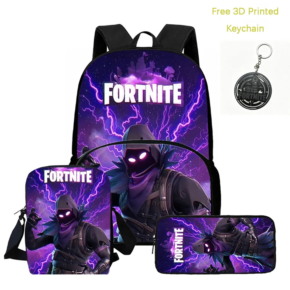 FORTNITE 3Pcs Lightweight Backpack With Front Pocket,Crossbody Bag&Pencil Case For Age 5-9 Boys Girls,Free 3D Printed Keychain.