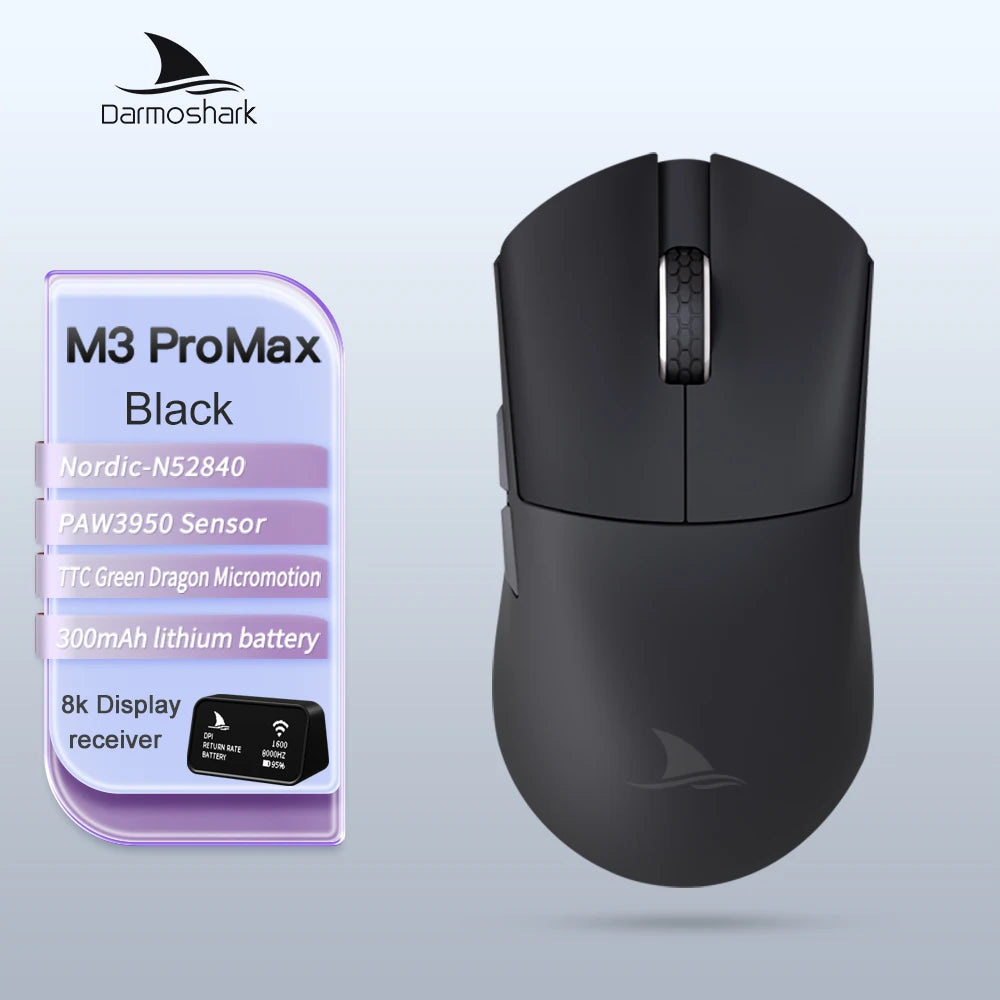 Herná myš Darmoshark M3Pro 2.4G BT bezdrôtová s trojitým režimom, snímačom PAW3395, N52840, 26000DPI, pre veľkú ruku, makro ovládač, myš na hranie