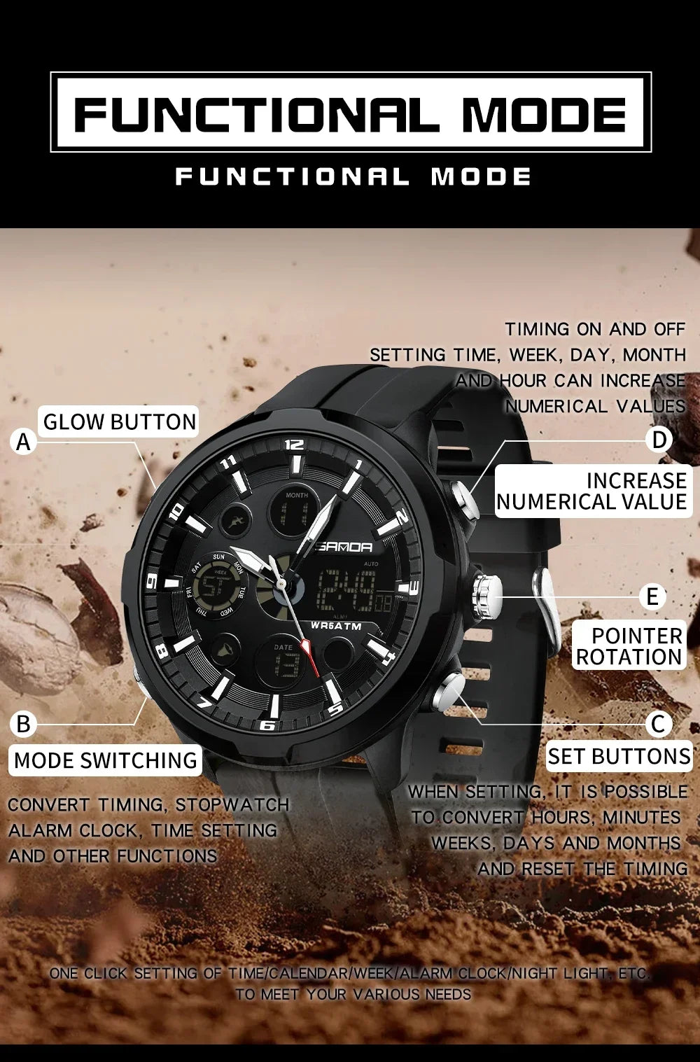 SANDA 9053 G Sports Military Men's Watches Luxury Digital Watch 50M Waterproof Quartz Wristwatch for Male Relogios Masculino