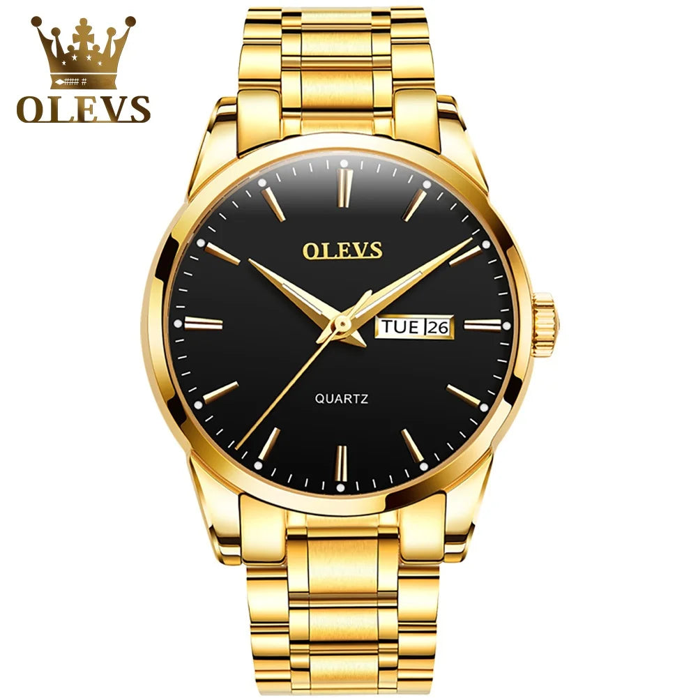 Reloj para hombre OLEVS: reloj de pulsera de cuarzo de acero inoxidable, resistente al agua, dorado, elegante y luminoso, accesorio de lujo para hombre