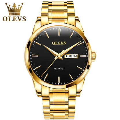 Reloj para hombre OLEVS: reloj de pulsera de cuarzo de acero inoxidable, resistente al agua, dorado, elegante y luminoso, accesorio de lujo para hombre