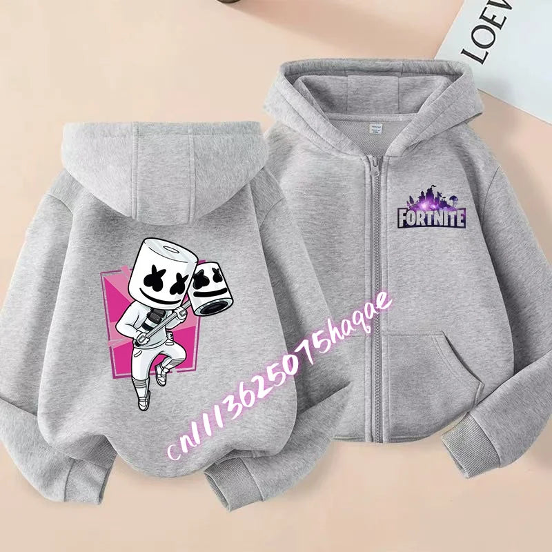 Nuova felpa con cappuccio autunnale per bambini Fortnite, giacca con zip e stampa personaggio cartoon del gioco, cappotto invernale per ragazzi