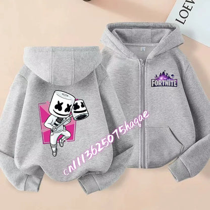 Nuova felpa con cappuccio autunnale per bambini Fortnite, giacca con zip e stampa personaggio cartoon del gioco, cappotto invernale per ragazzi
