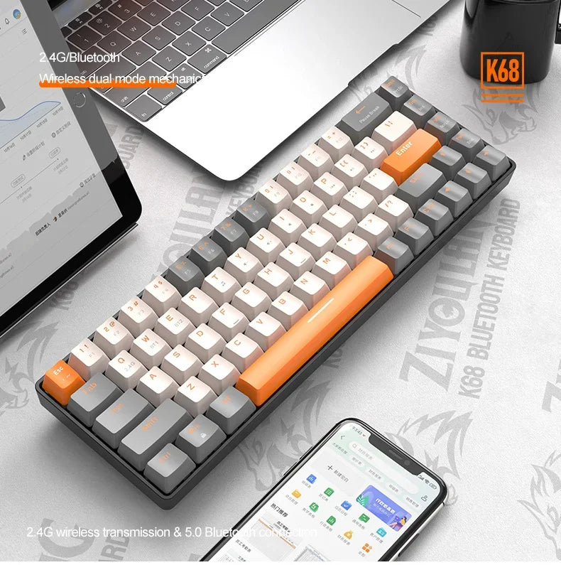 Bezdrôtová herná mechanická klávesnica K68 2,4 G/BT 5.0, 68 klávesov, Hotswap, mini herná mechanická klávesnica, klávesy z PBT, klávesnice s rozložením 65 %