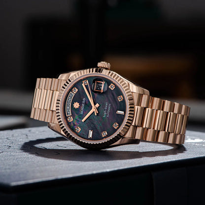 Sugess Watch of Men 36mm Date Automatic Retro Mechanical Wristwatches Sapphire Crystal RoseGold Dandong SL3034 Movement Day New