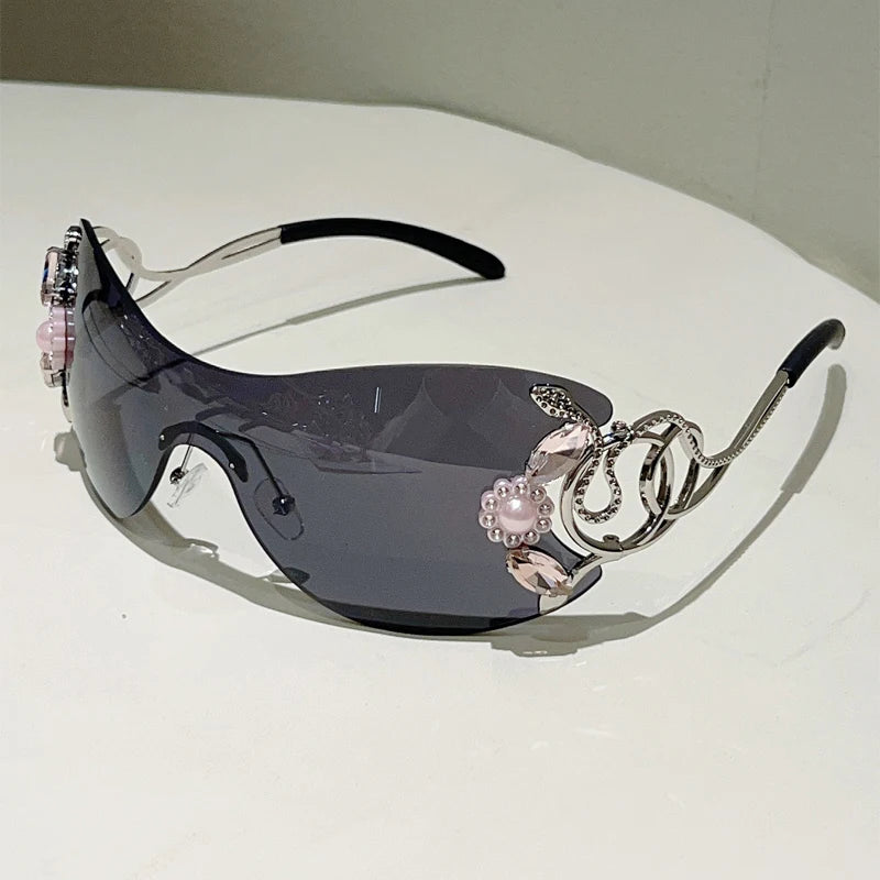 Ochelari de soare KAMMPT fără ramă Y2k cu strasuri, pentru femei, monobloc, pentru activități în aer liber, cu design la modă și lentile cu gradient
