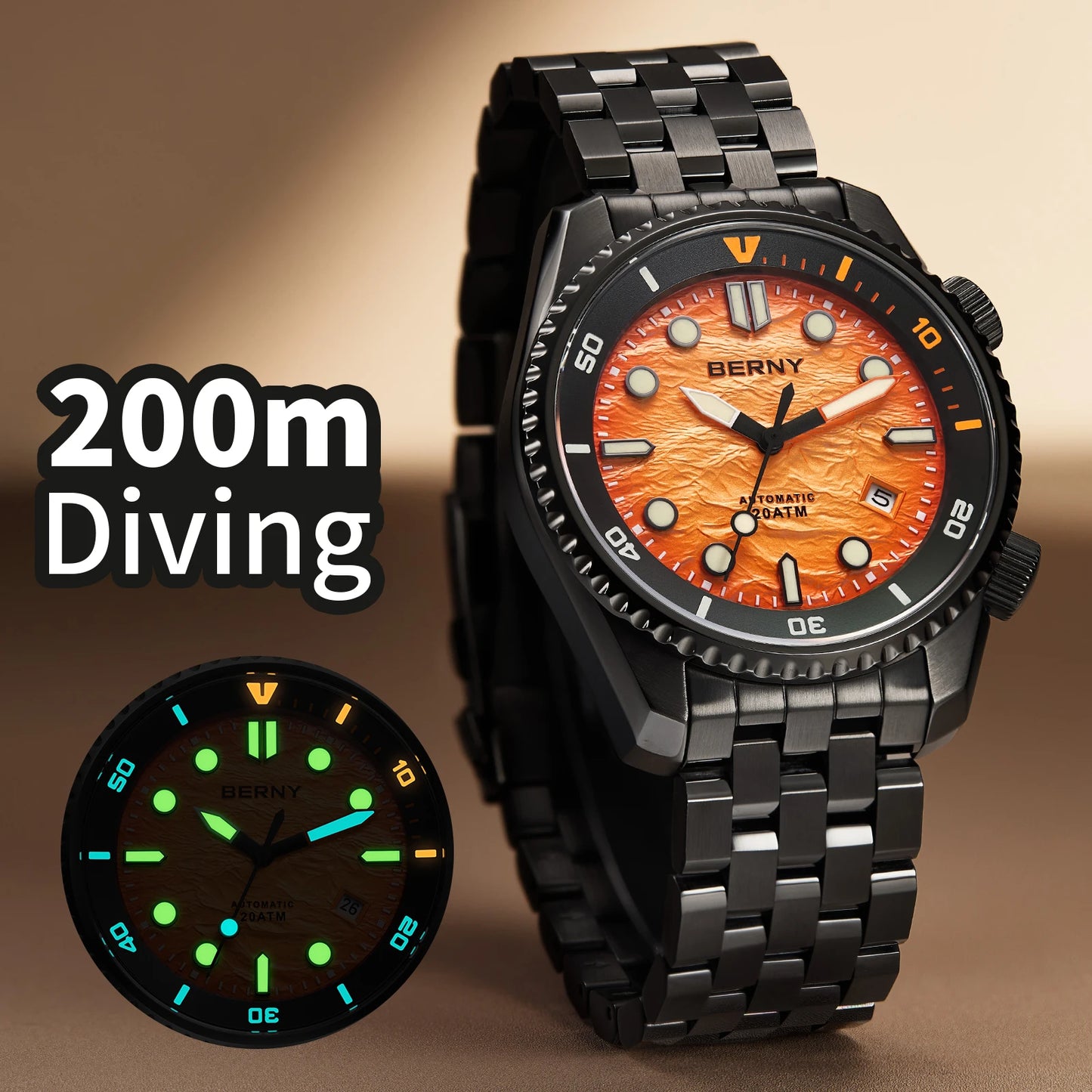 BERNY 20ATM Automatic Men's Watch Diver Sports Diving Watches Luxury Sapphire 316L Stainless Steel Mechanical Waterproof Watches