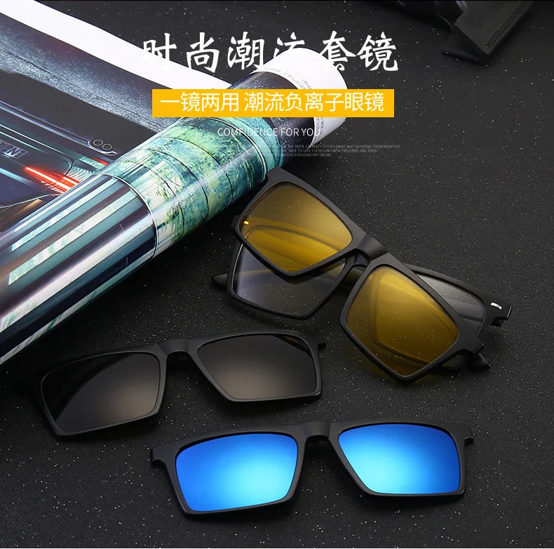 Ochelari de soare polarizați cu magnet pentru miopie, pentru femei și bărbați, ochelari cu clemă, ochelari optici pătrați, rame de ochelari 6 în 1 – de la -0,5 la -10