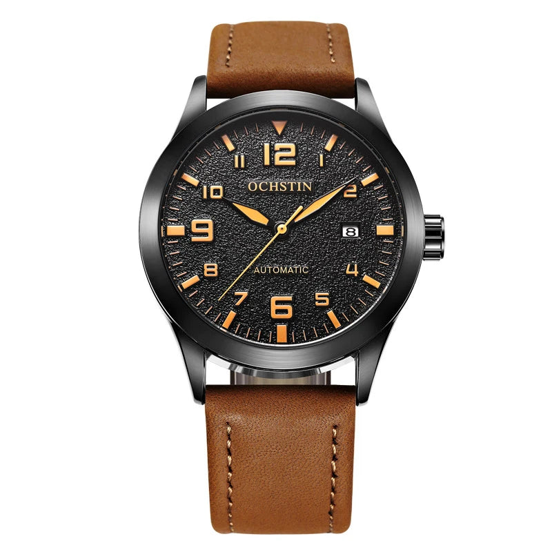 OCHSTIN Mens Fashion Luxury Mechanical Automatic Skeleton Watch Transparent Back Cover Creative Design With Yellow Calendar Dial