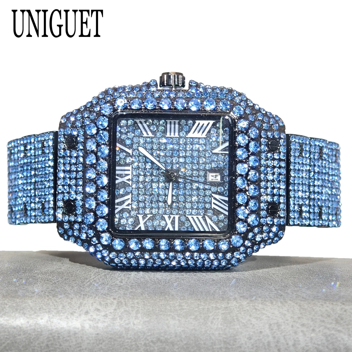 Green Diamond Watch For Men Brand UNIGUET Fashion Roman Literal Quartz Clock Man Hip Hop Iced Jewelry Square Wristwatch 2025 New