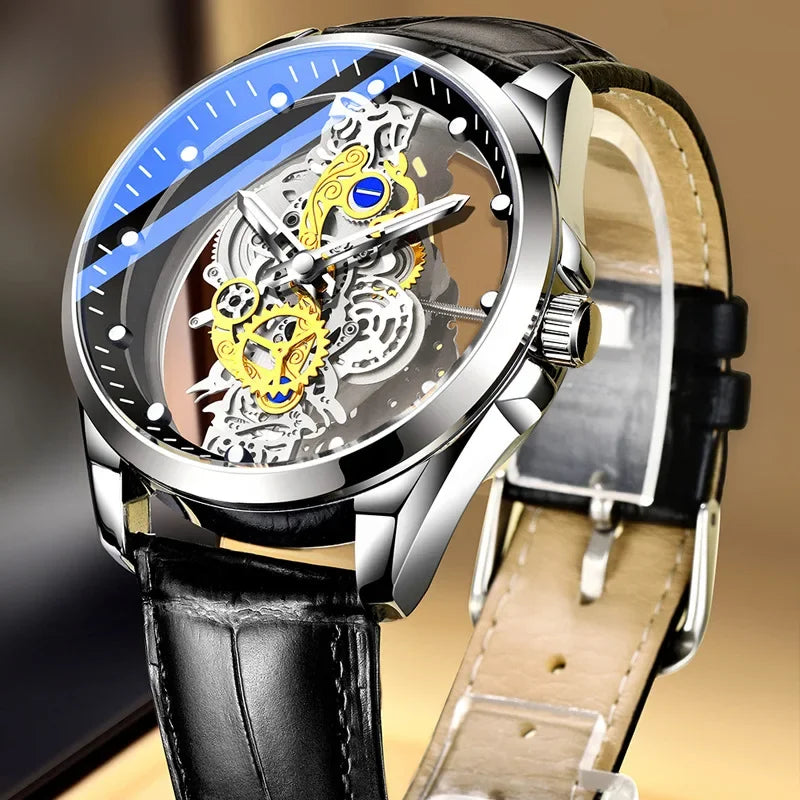 Trendy men’s watch, dual-opening model, luxury gold-tone style, imitation mechanical tourbillon, quartz movement.