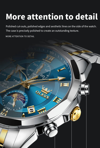 OLEVS 3675 Mens Watch Original Multifunctional Chronograph Quartz Watch Moon Phase Watches For Men Waterproof Mens Gifts Reloj
