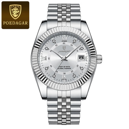 Relógio de homem POEDAGAR – Modelo de luxo, estanque, em aço inoxidável, com visor luminescente, estilo militar, função de data, movimento de quartzo, ideal para o trabalho ou ocasiões profissionais.