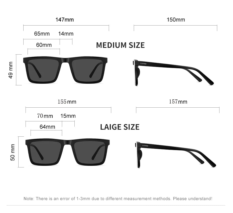 Ochelari de soare polarizați CAPONI din nailon, cu rame din acetat, design pătrat și plat, pentru bărbați, protecție UV400, lentile negre CP7499