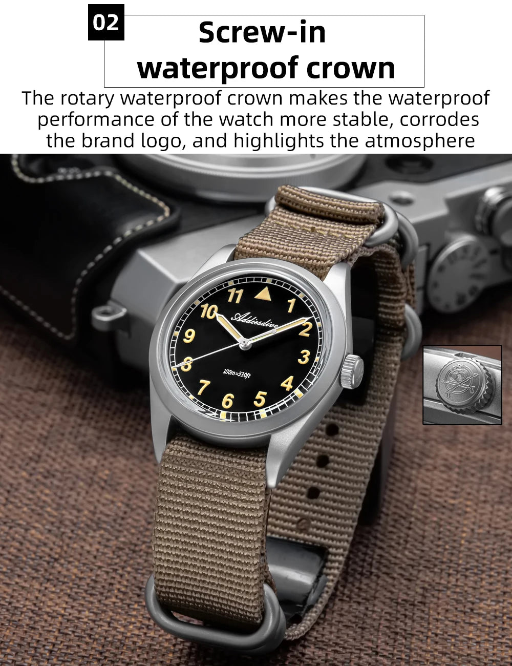 ADDIESDIVE 36mm analoge Herrenuhr mit gewölbtem Spiegelglas, 100m wasserdicht, leuchtend, schlichte Quarzuhr für Herren mit Nylonarmband