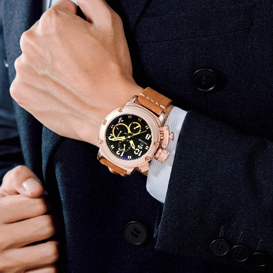 Automatic Watches for Men Mechanical Self Wind Genuine Leather Multifunction Date Boat Month Gold Bronze U Reloj Hombre Baratos