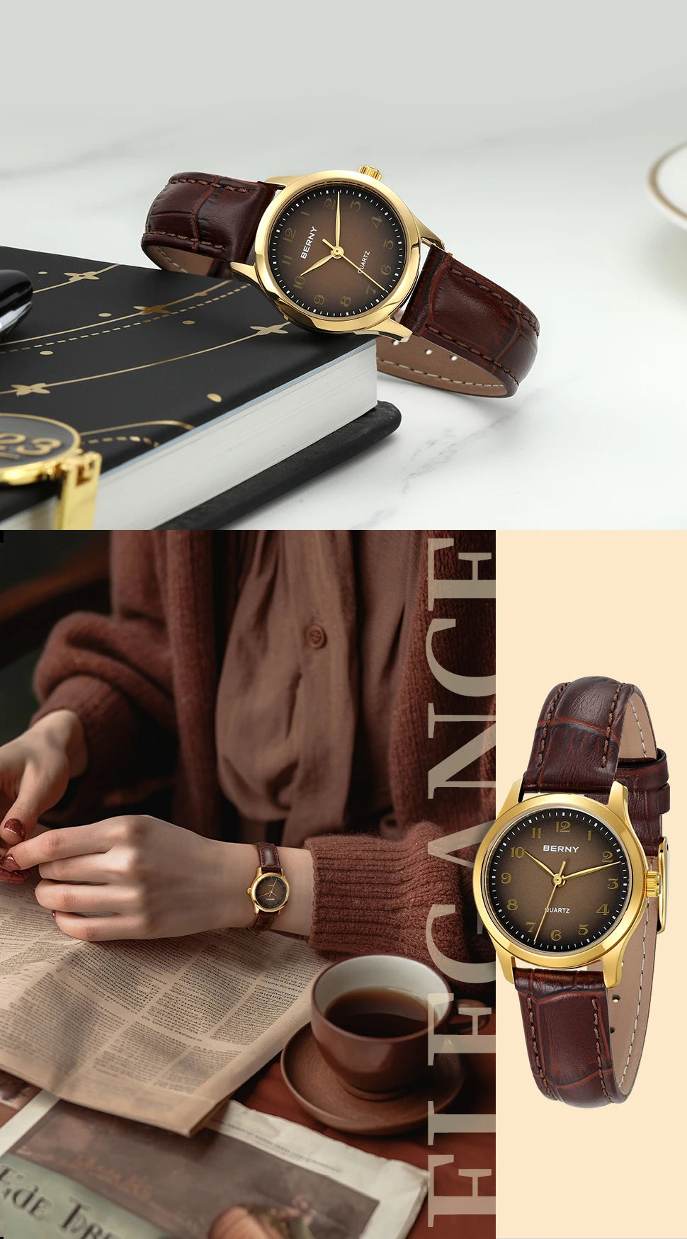 BERNY Gold Watch for Women Luxury Ladies Fashion Quartz Wristwatch Elegant Gradient Dial Multiple Scenarios Matching Lady Watch