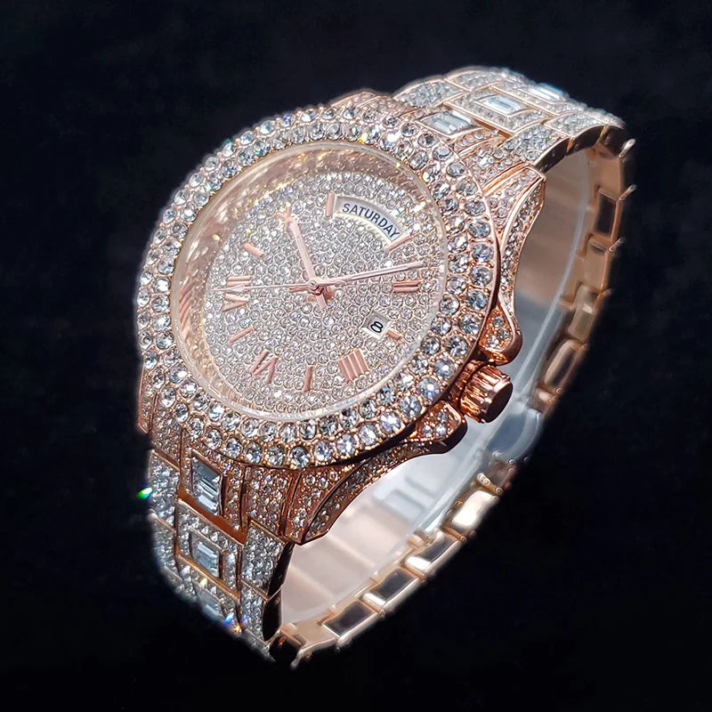 Luxury Diamond Watch for Men Fashion Bling Iced Out Day Date Watches Hip Hop Golden Stainless Steel Quartz Man Clock Hot Sale